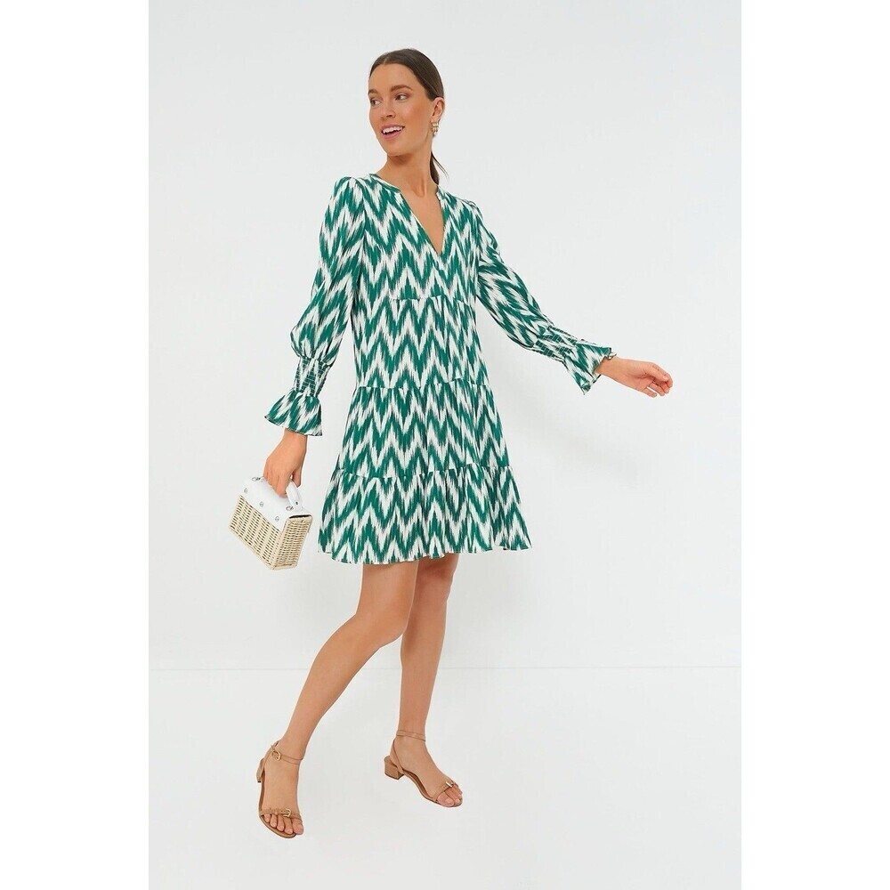 Pomander Place Tuckernuck Green Ikat Kenzo Dress Tiered Bell Sleeve Zig Zag XXXL